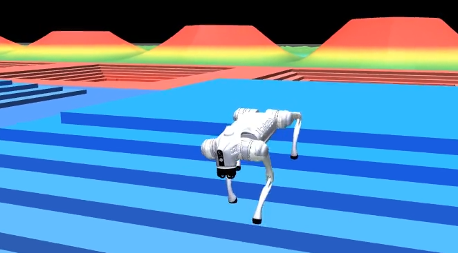 Simulated Go2 quadruped walking over stairs and rough terrain