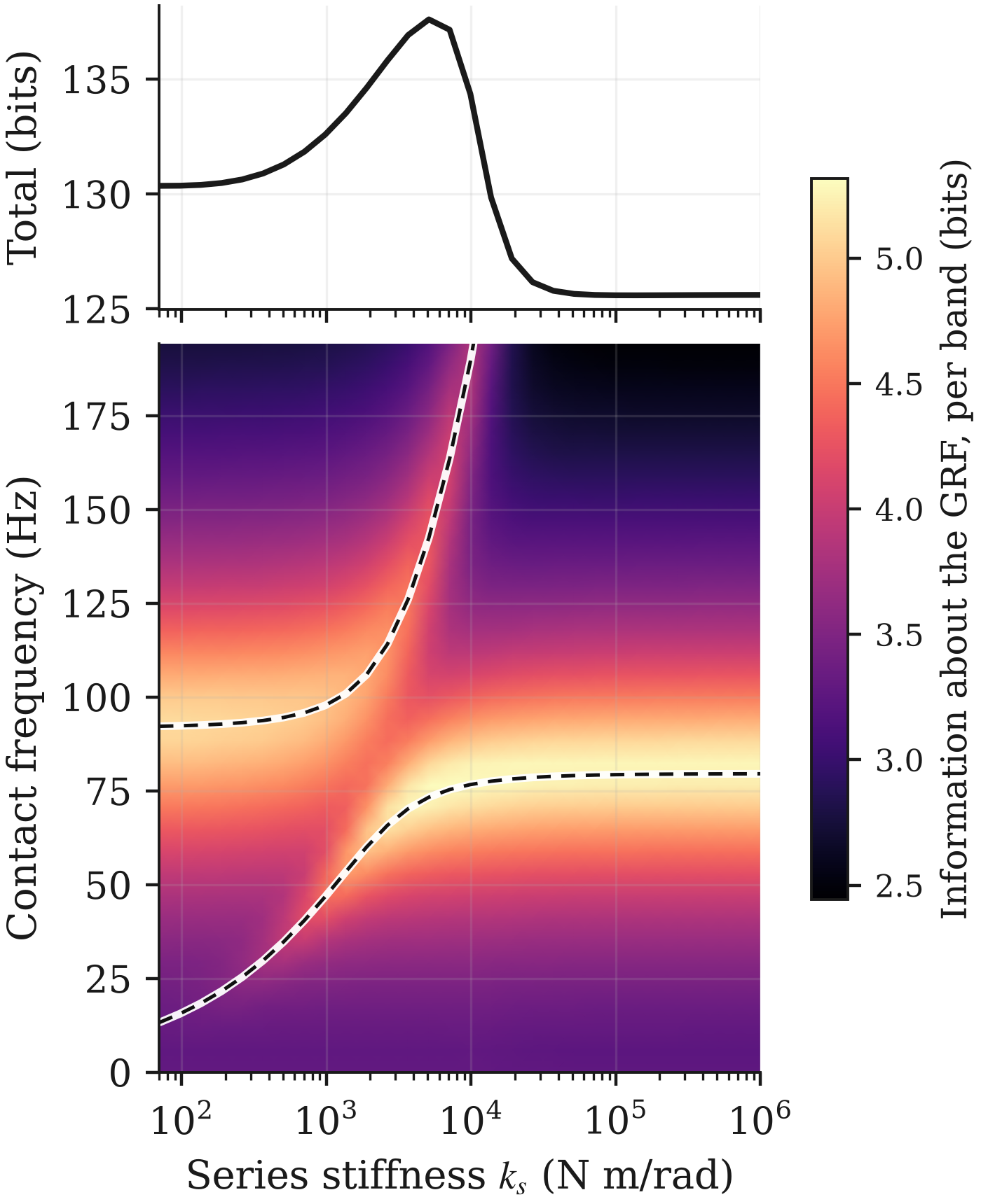 Mutual information of the passive leg model across series stiffness and frequency